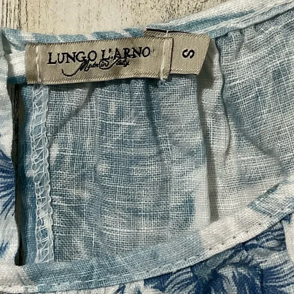 Lungo L’Arno Linen Blue and White Tropical Palm Tree Sleeveless A-Line Dress - Picture 2 of 6